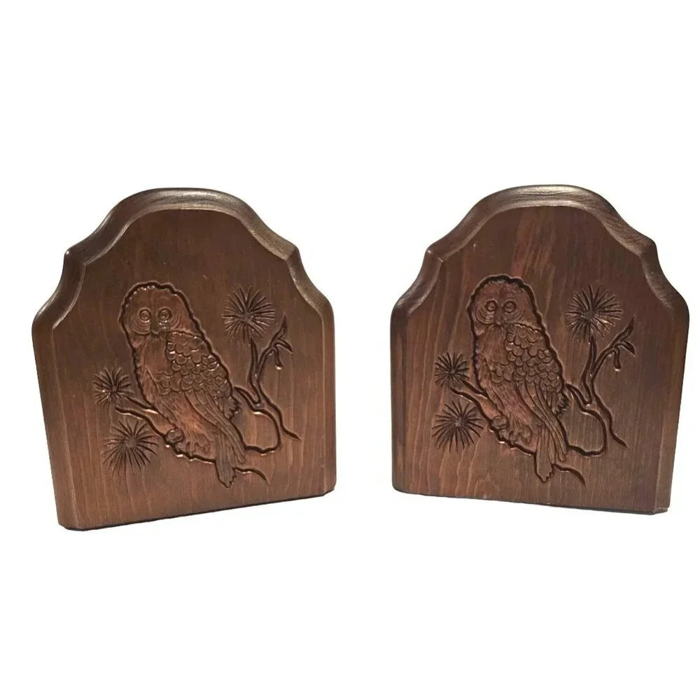 Vtg Matching Pair of  Carved Wooden Owl Bookends Home Library MCM Minerva Athena